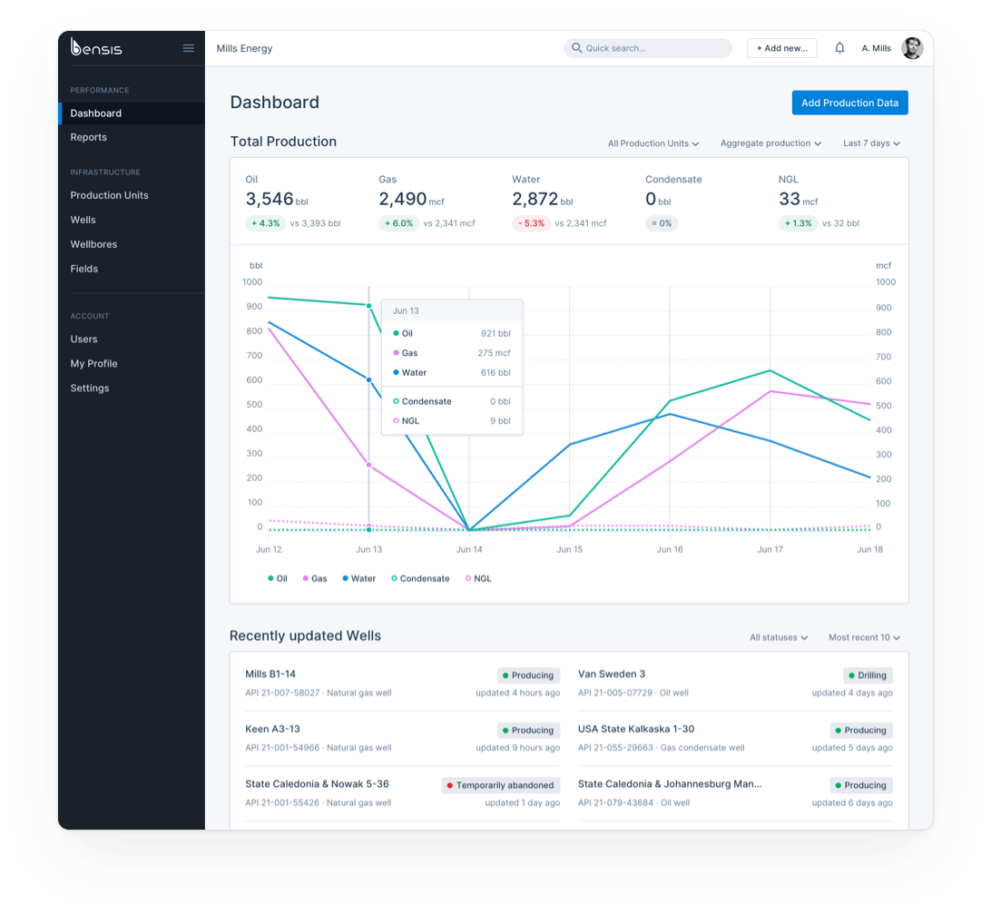 Dashboard view in Bensis web application showing performance metrics with graphs and data tables