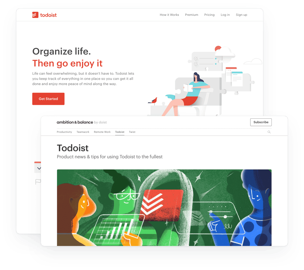 Todoist website homepage alongside Doist Ambition & Balance blog with illustrated graphics