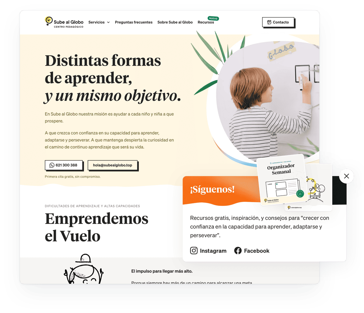 Sube al Globo homepage in Spanish featuring a person at a whiteboard and educational illustrations